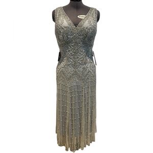 NWT Pisarro Nights Muted Blue Sleeveless Dress V Neck Beaded Embroidered 10 P